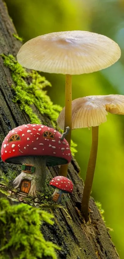 Fantasy mushroom house in a vibrant, lush forest.