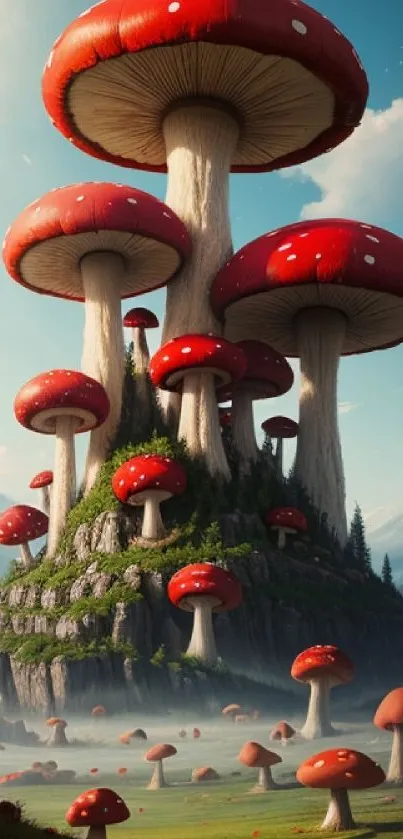 Fantasy wallpaper with giant red mushrooms.