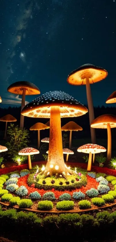 Fantasy mushroom nightscape with glowing fungi in a mystical forest.