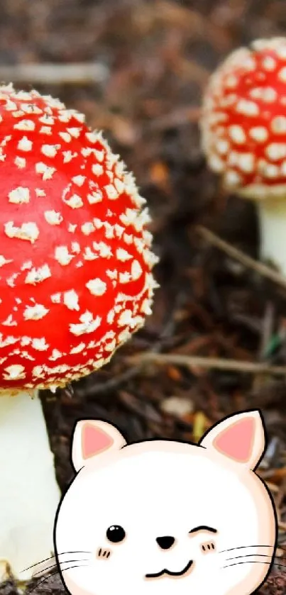Whimsical mushroom wallpaper with cartoon animal in a forest setting.