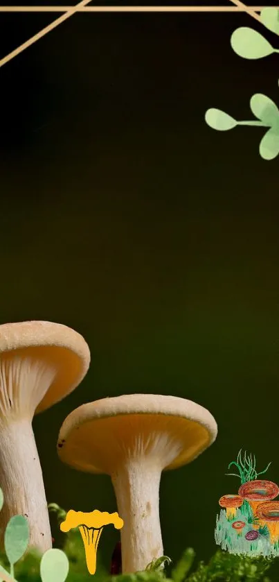 Aesthetic mushroom wallpaper with green foliage and fungi illustration.