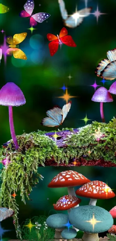Colorful fantasy forest wallpaper with mushrooms and butterflies.