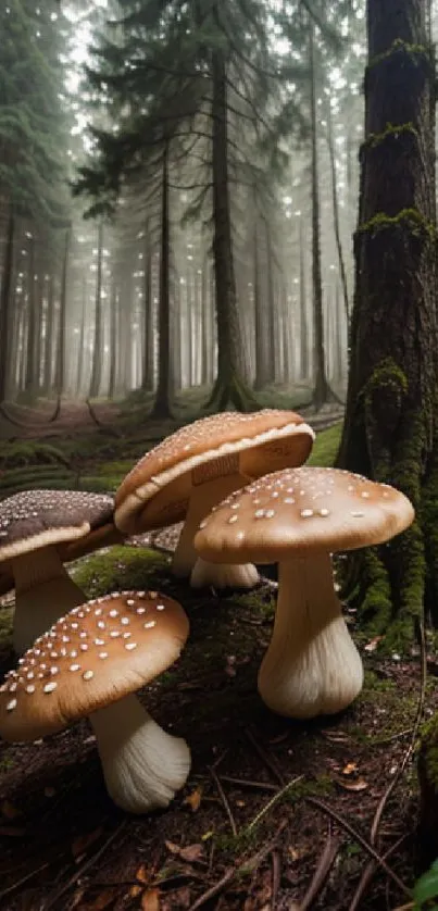 Mushrooms in a misty forest with tall trees, perfect for wallpaper.