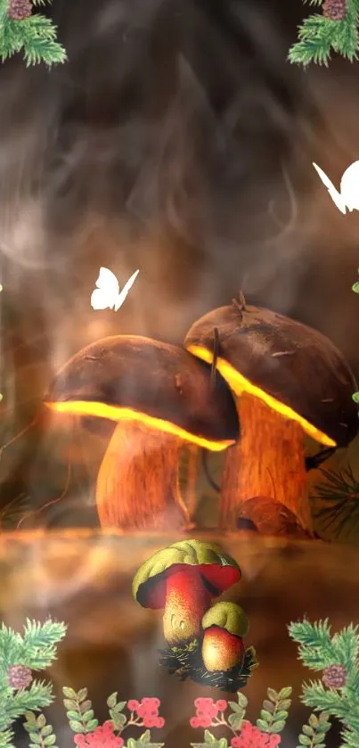 Glowing mushrooms in dark forest with butterflies and a snail.