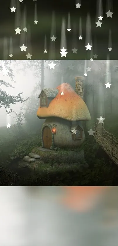 Fantasy mushroom house in a misty, starry forest.