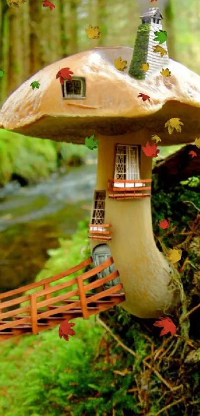 Mushroom house in lush green forest with stream.