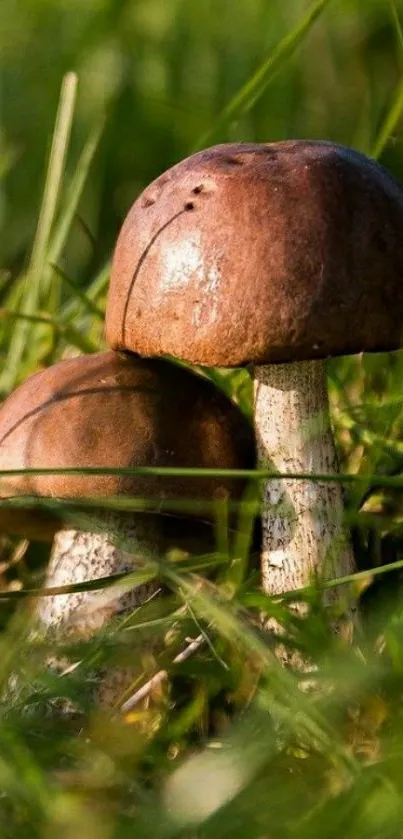 Close-up of mushrooms in green grass, ideal for nature-themed mobile wallpaper.