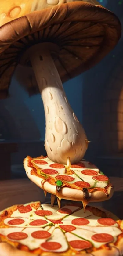 Whimsical art of a giant mushroom with pizza slices in a fantasy setting.