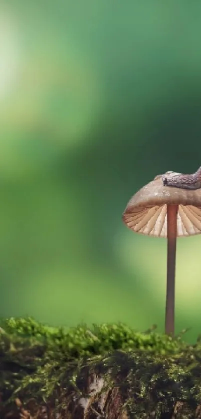 Mushrooms with snails against a green forest background.