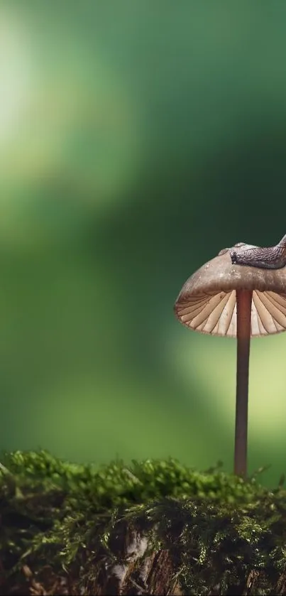 Snail resting on a mushroom, surrounded by lush greenery.