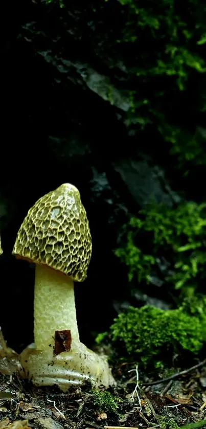 Two mushrooms on a forest floor with lush green background.