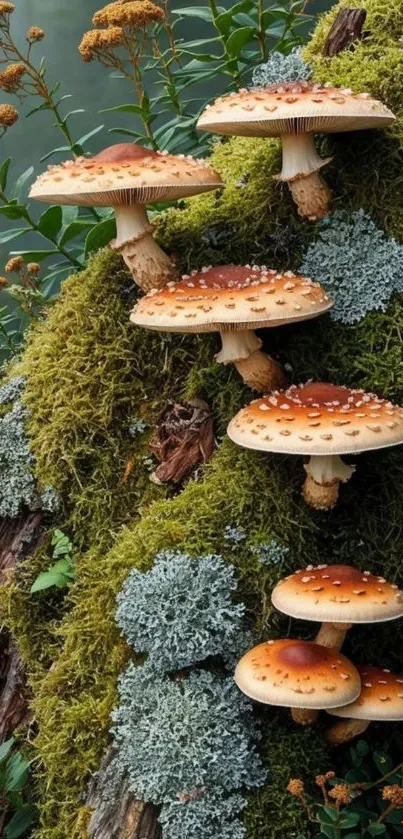 Mushrooms growing on a moss-covered log with vibrant greenery.