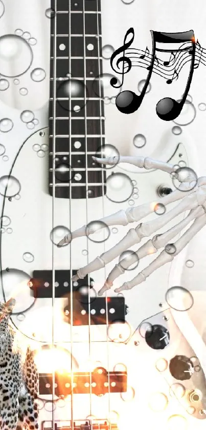 Surreal wallpaper with guitar, leopard, and musical notes amidst bubbles.