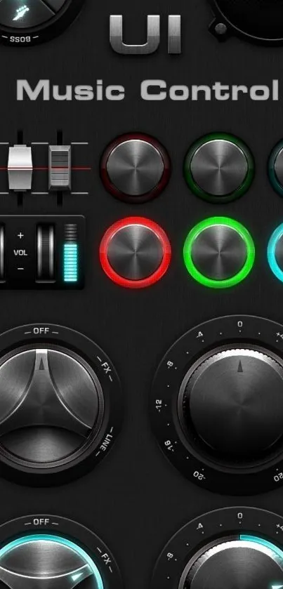 Sleek music control interface wallpaper with colorful knobs and buttons.