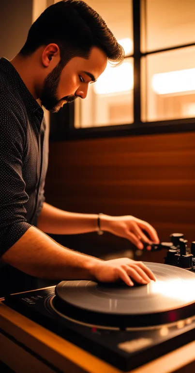 DJ focused on spinning vinyl record on turntable.