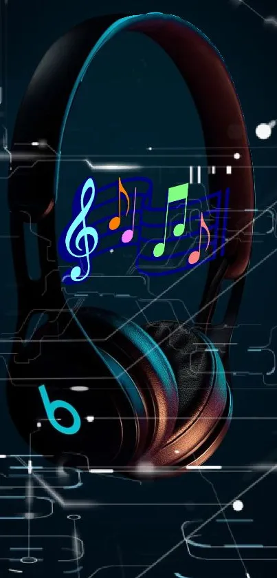 Dark blue wallpaper featuring headphones and colorful musical notes.