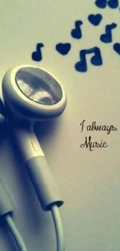 Earphones and musical notes wallpaper with 'I always love music' text.