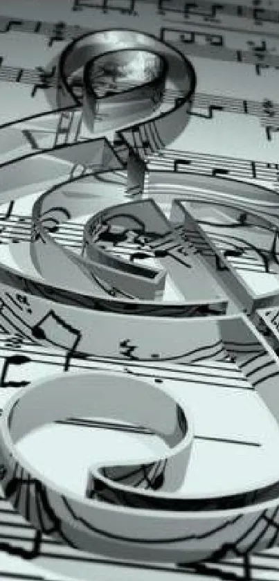 Artistic 3D music note with sheet music background.