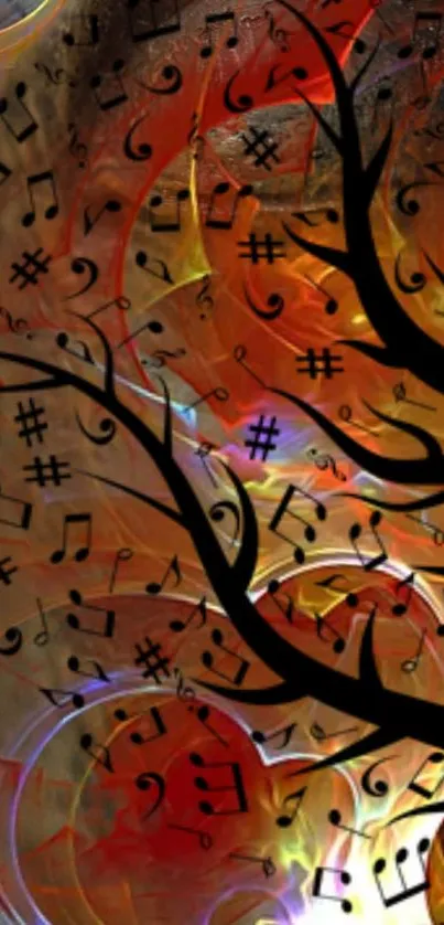 Abstract art wallpaper featuring music notes on a vibrant orange background.