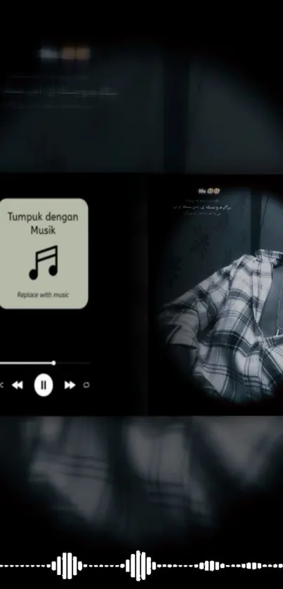 Monochrome music player wallpaper with a plaid pattern.