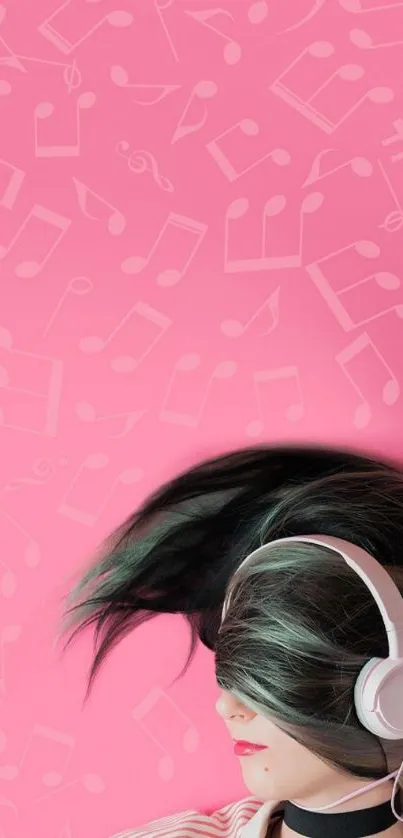 Pink wallpaper with music notes and stylish girl wearing headphones.