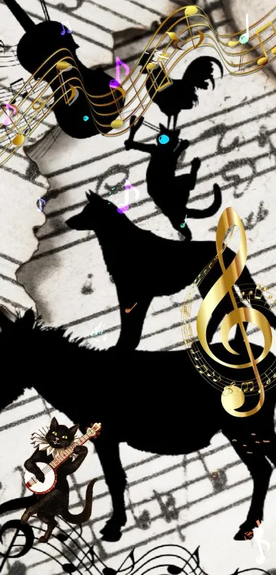 Artistic silhouette of musical animals over sheet music background.