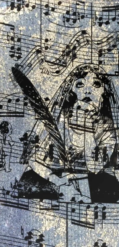 Mobile wallpaper with music notes and abstract sketches on a silver background.