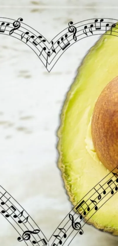 Mobile wallpaper with avocado and musical notes forming a heart shape.