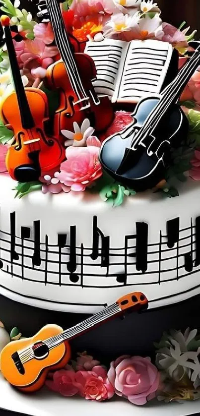 A vibrant cake adorned with musical instruments and flowers.