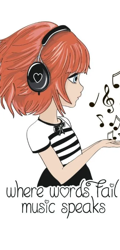 Cartoon girl listening to music with notes and headphones.