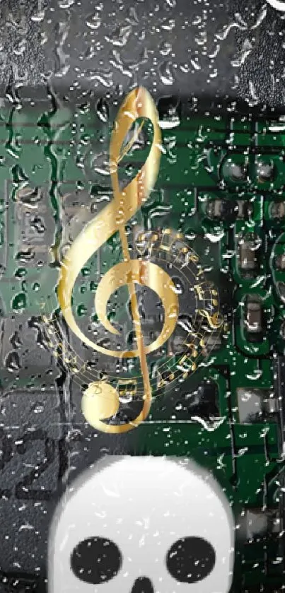 Golden treble clef on electronic circuitry with vibrant green and gray tones.