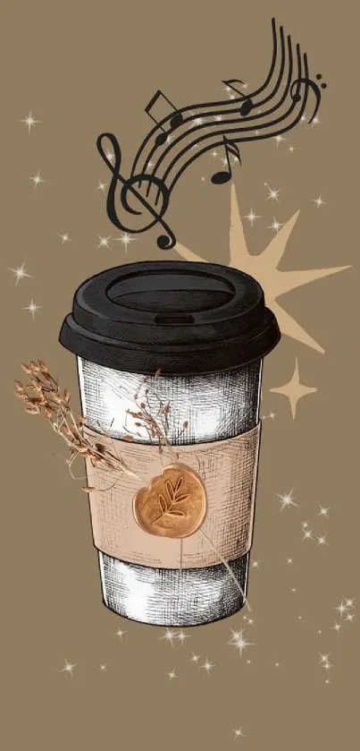 Artistic coffee cup with musical notes on a taupe background, perfect for mobile wallpaper.