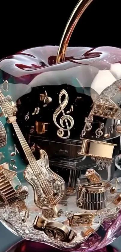 Glass apple with musical instruments inside.