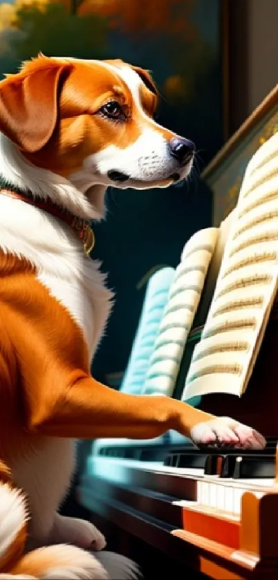 Adorable dog playing piano in vibrant setting, perfect for music lovers.