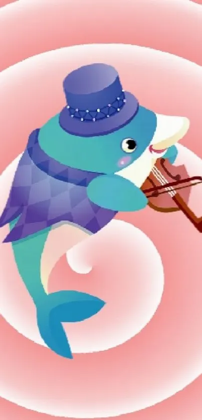 Cartoon dolphin playing violin in a pink spiral background.