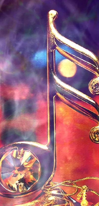 Gold music note on artistic vibrant background.