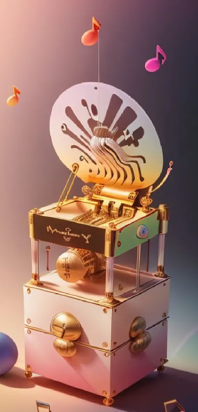 Whimsical 3D music box with colorful notes.