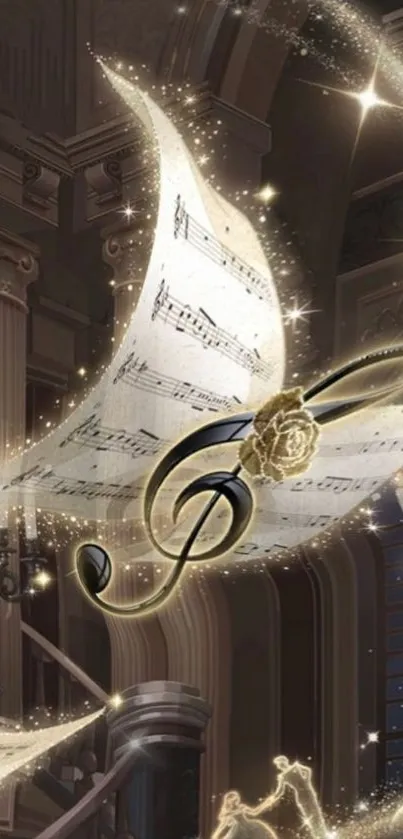 Floating musical notes in elegant fantasy setting.