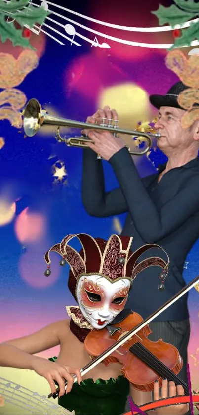 Trumpeter and masked violinist in vibrant floral fantasy.