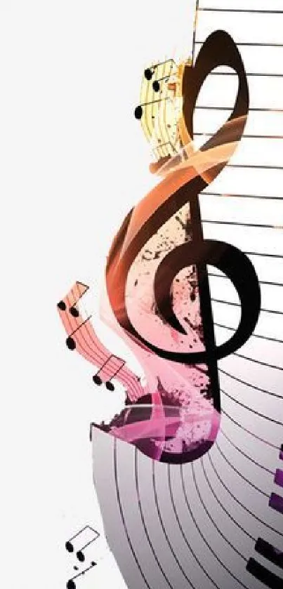 Artistic wallpaper with piano keys and colorful musical notes.