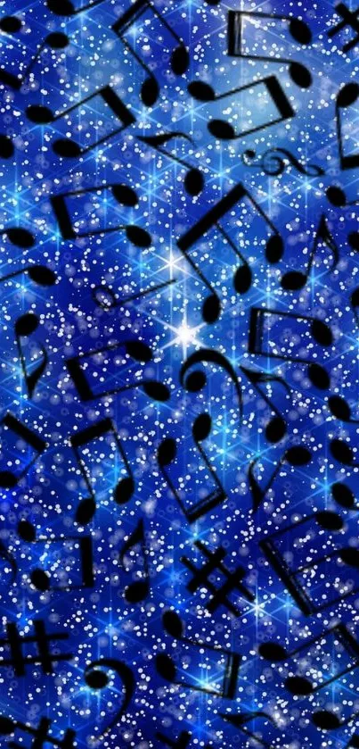 Blue galaxy wallpaper with black music notes and stars.