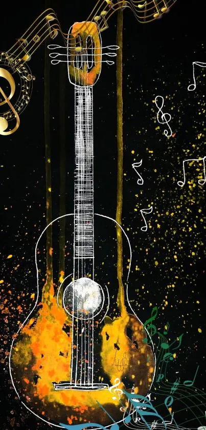 Creative musical guitar wallpaper with vibrant orange and musical notes.