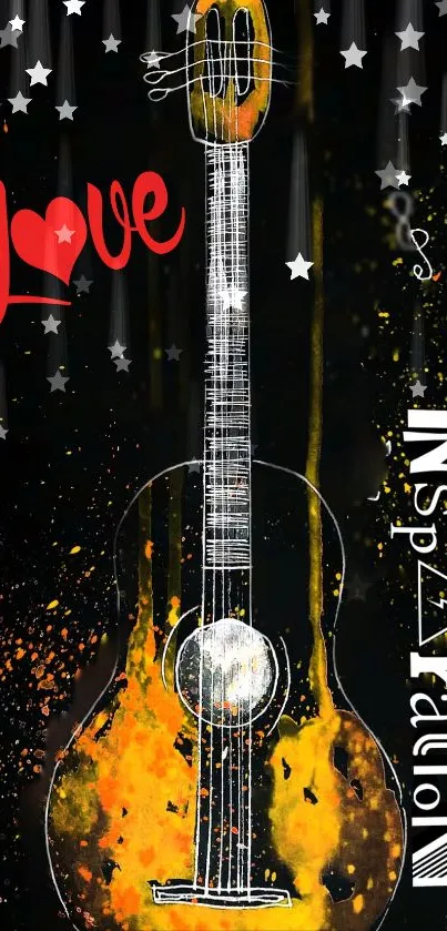 Colorful guitar art wallpaper with love and inspiration themes.