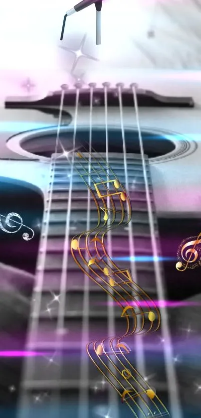 Abstract guitar wallpaper with colorful musical notes.