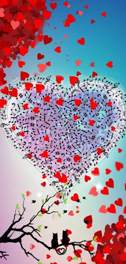 Heart with musical notes and red hearts on a vibrant background.