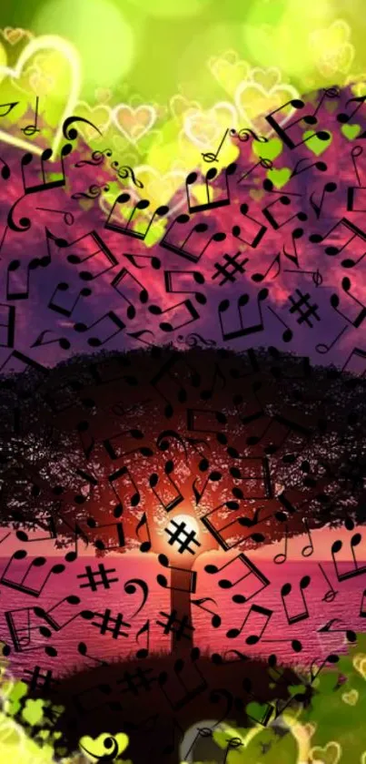 Colorful wallpaper with a tree and musical notes forming a heart.