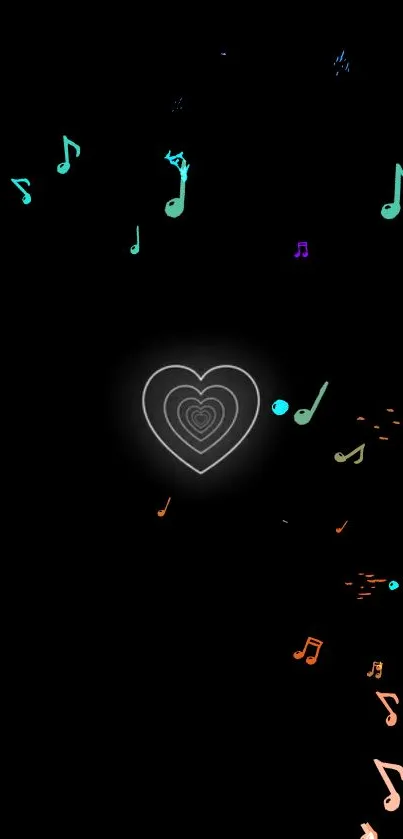 Colorful musical notes with glowing heart on black background.