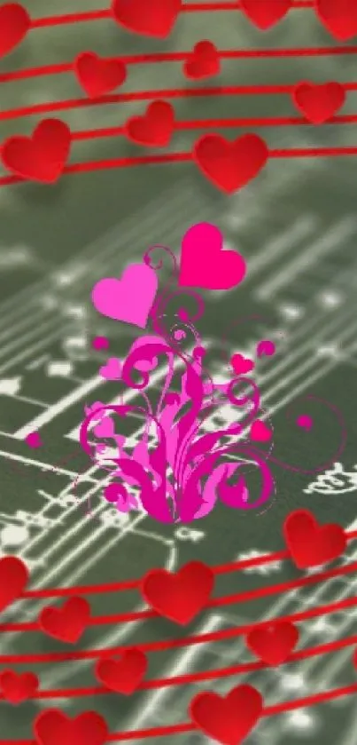 Olive green wallpaper with musical notes and red hearts.