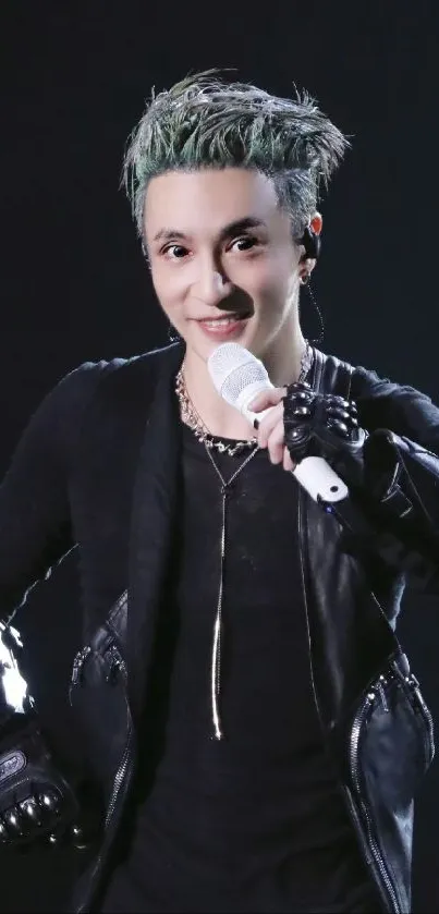 Musical icon performing with edgy style on stage in dark lighting, holding a microphone.