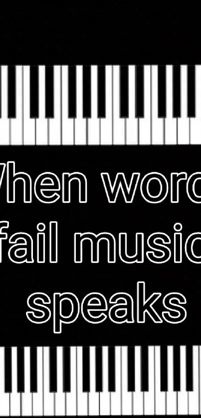 Piano keys with inspirational quote on black background.
